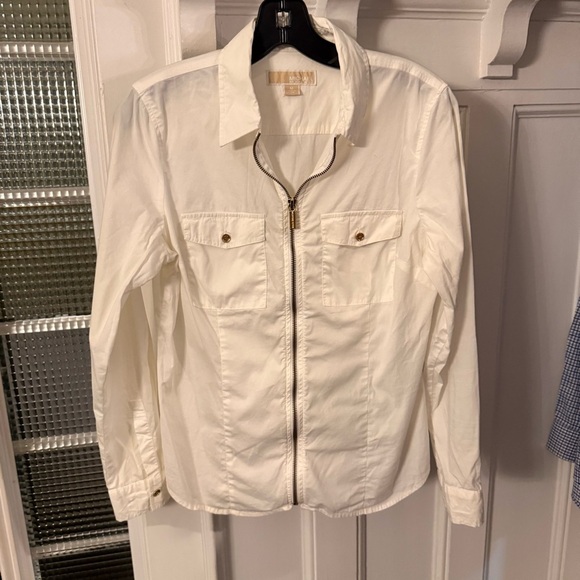 Michael Kors white full zip collared long sleeve top small stretch cotton Sz M - Picture 4 of 11